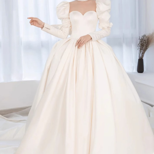 高級ウェディングドレスオーダーメイド 長袖 パフスリーブ 光沢サテ