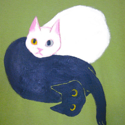 両面絵柄 Tシャツ リメイク チュニック・黒猫白猫仮面ネコねこ・女子フリーサイズ(M〜XL対応)キウイ・手描き 5枚目の画像