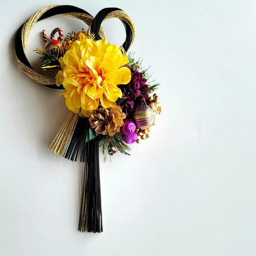 黒金水引結び黄ダリア紫玉 しめ縄 しめなわ しめ縄リース 正月 正月