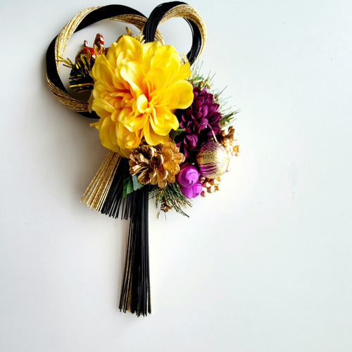 黒金水引結び黄ダリア紫玉 しめ縄 しめなわ しめ縄リース 正月 正月