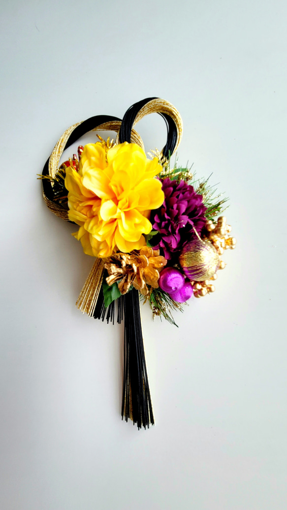 黒金水引結び黄ダリア紫玉 しめ縄 しめなわ しめ縄リース 正月 正月