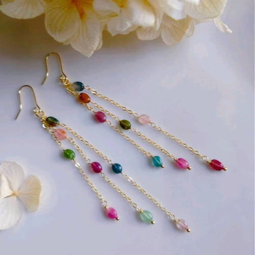 14kgfストライプブルーオパール・天然色ブルーカルセドニーピアス