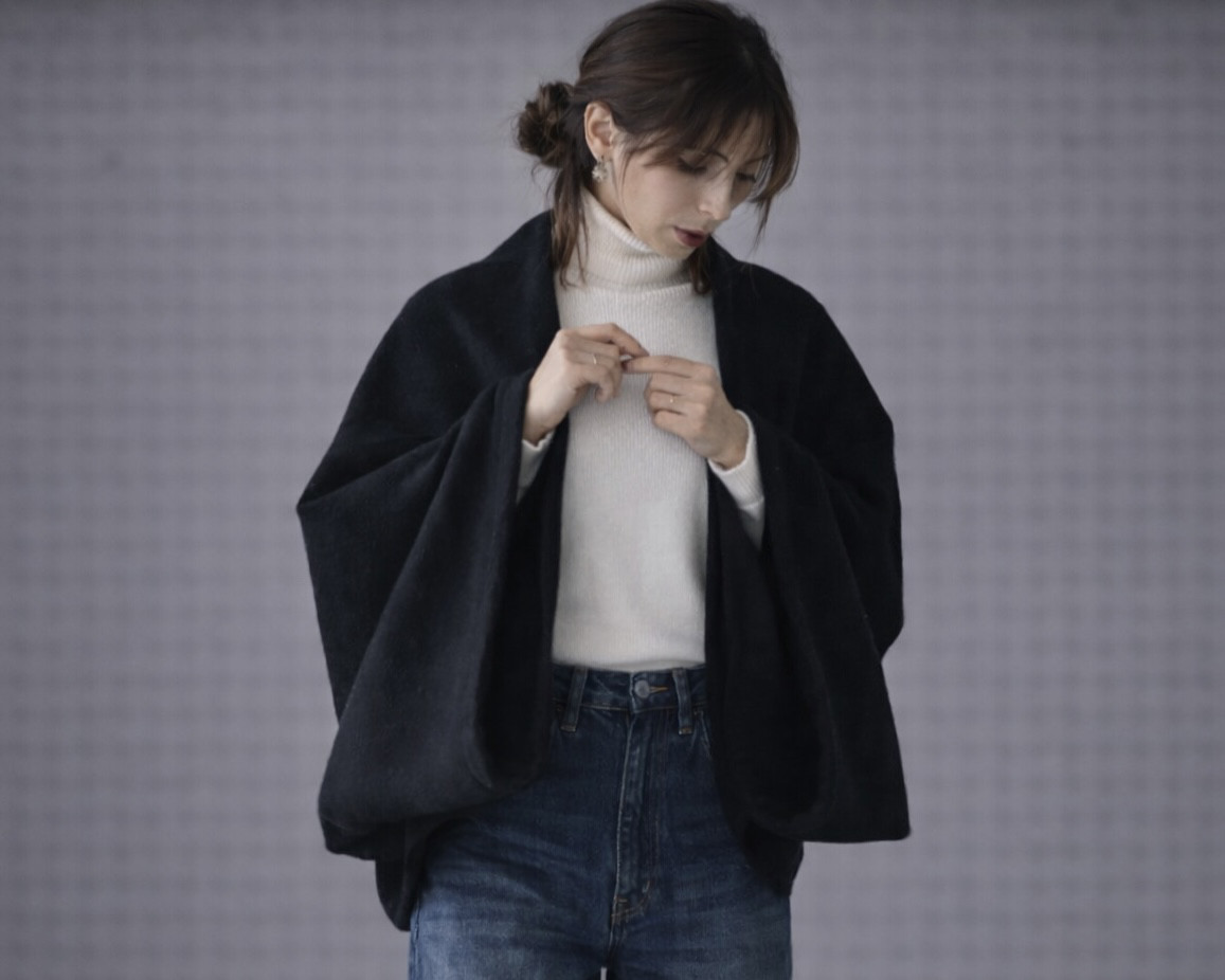 秋冬3way大人の高級メルトンフリースストール／ストールにもアウターにもブランケットにも使い方色々／ブラック