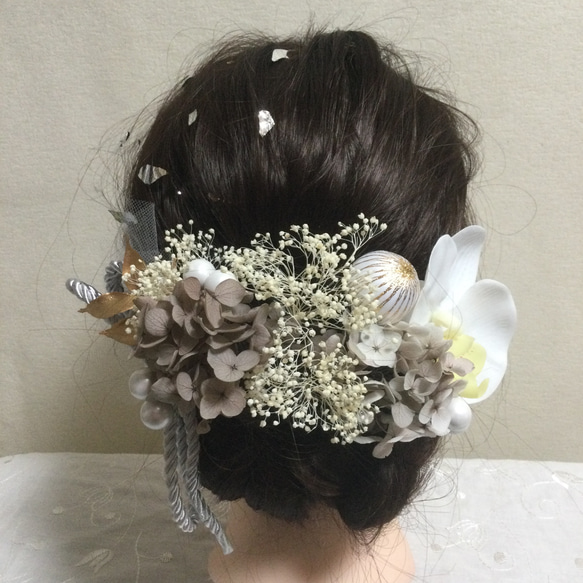 和紐&和玉　ホワイト胡蝶蘭髪飾りセット　ドライフラワー　結婚式　成人式 卒業式 5枚目の画像