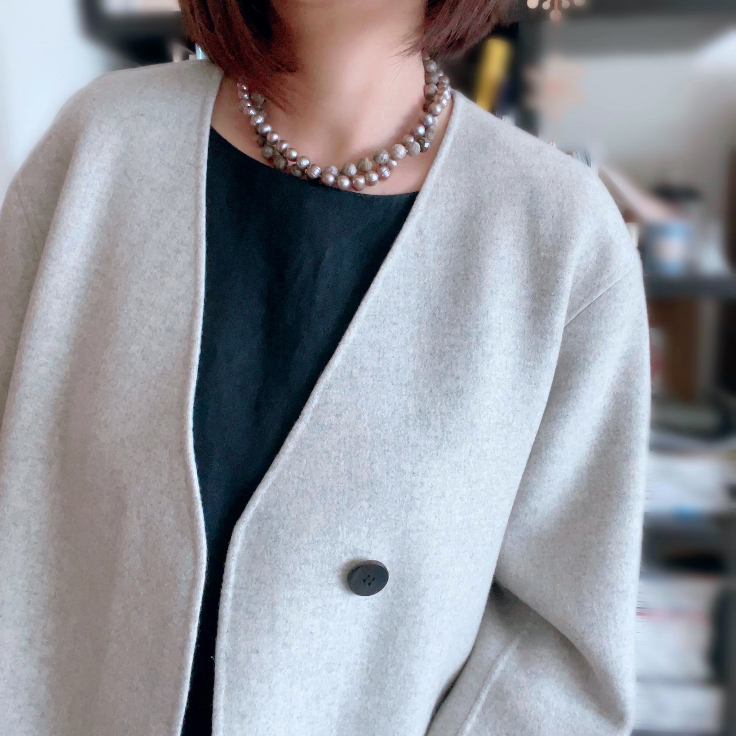 2本でロングに 秋色シルバーリーフジャスパーとパールのチョーカーネックレス