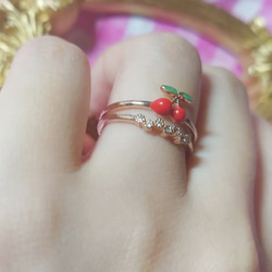 czダイヤ さくらんぼ ピンクゴールドリング 大人かわいい ダブルリング 指輪 サクランボ 赤 果物 ♥ らしゃとん 5枚目の画像