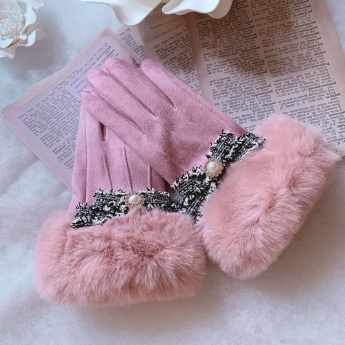 新作♡ スマホ対応 ツィードリボン エコファー ピンク 手袋 クリスマス