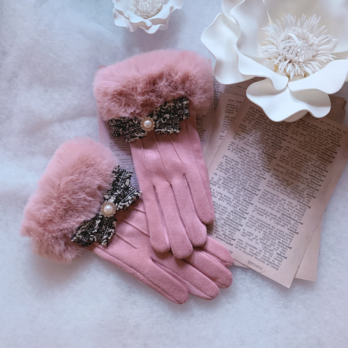 新作♡ スマホ対応 ツィードリボン エコファー ピンク 手袋 クリスマス