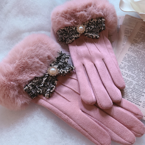 新品 新作 聖誕限定手袋 Christmas Mitten 新作♡ スマホ対応 ツィードリボン エコファー ピンク 手袋 クリスマス
