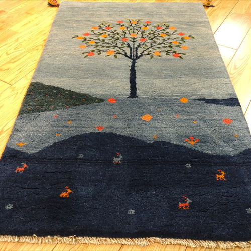 ペルシャ ギャッベ ザクロの木 夜の風景柄 124x78cm 厚み2.74cm