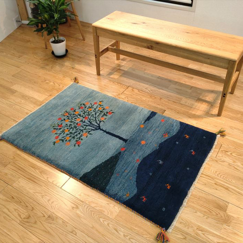ペルシャ ギャッベ ザクロの木 夜の風景柄 124x78cm 厚み2.74cm