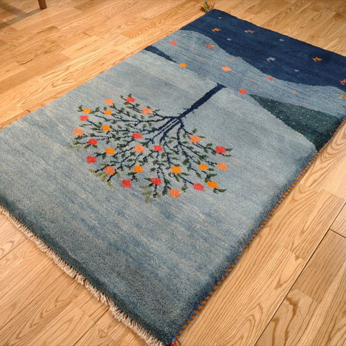 ペルシャ ギャッベ ザクロの木 夜の風景柄 124x78cm 厚み2.74cm