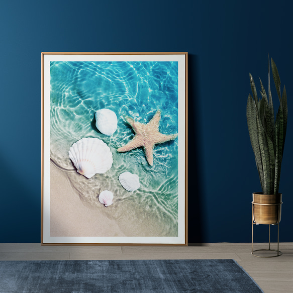 アクアブルーの海中散歩 - 貝殻とヒトデ インテリアポスター 海外アート /4529 5枚目の画像