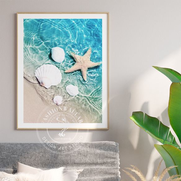 アクアブルーの海中散歩 - 貝殻とヒトデ インテリアポスター 海外アート /4529 1枚目の画像
