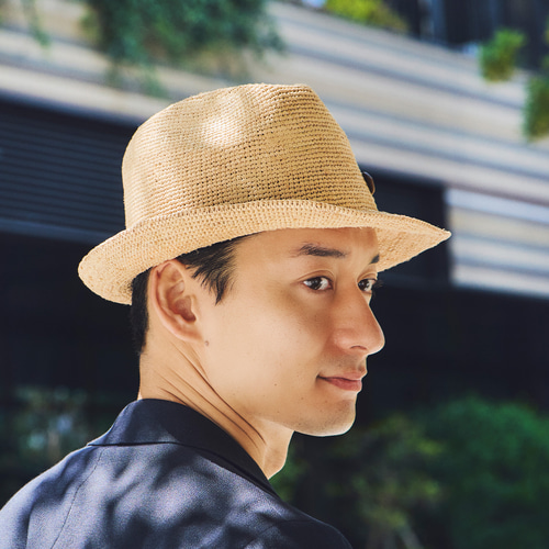 ポーロ2 Paulo2 ラフィア 中折れ帽子 革茶ベルト 折りたたみ可