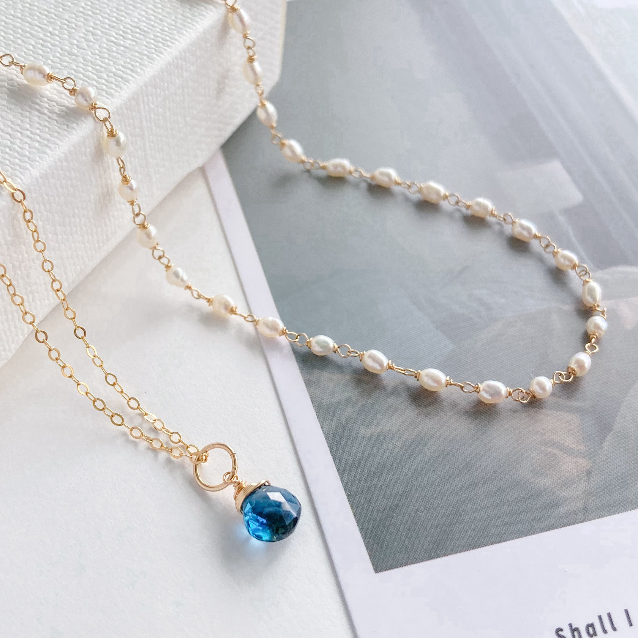 4wayロンドンブルートパーズ＆淡水パールの2連ネックレス　14kgf