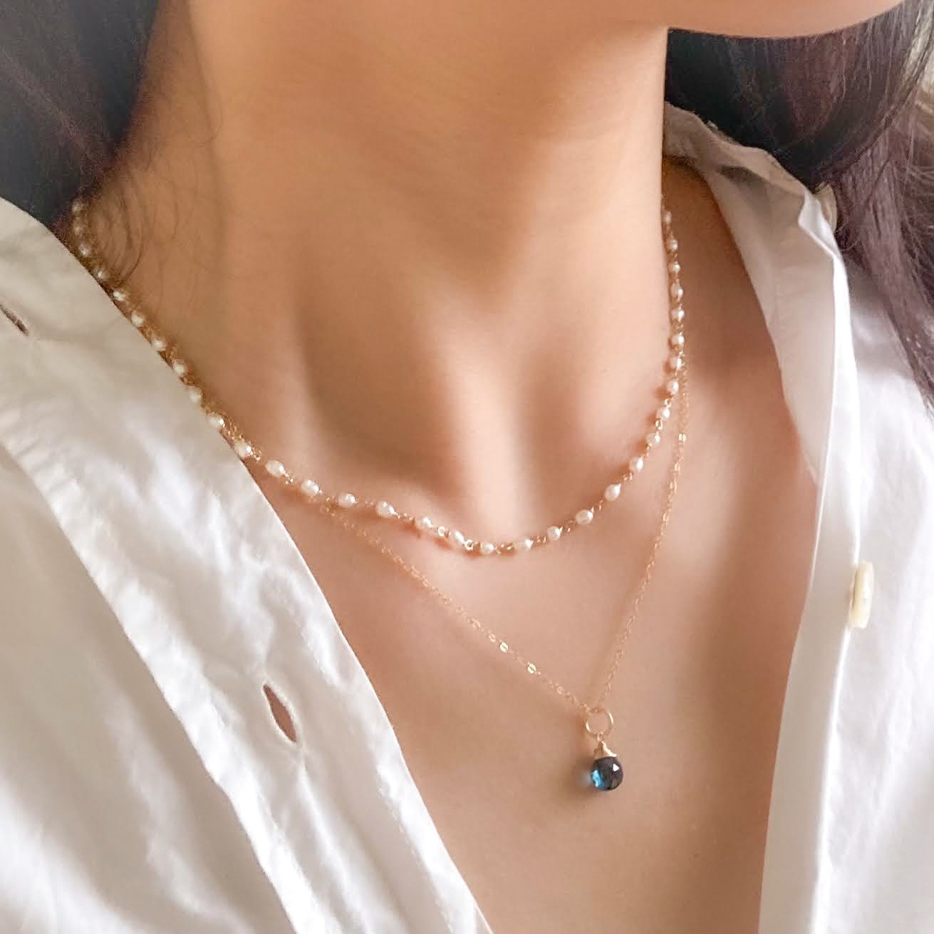 4wayロンドンブルートパーズ＆淡水パールの2連ネックレス　14kgf