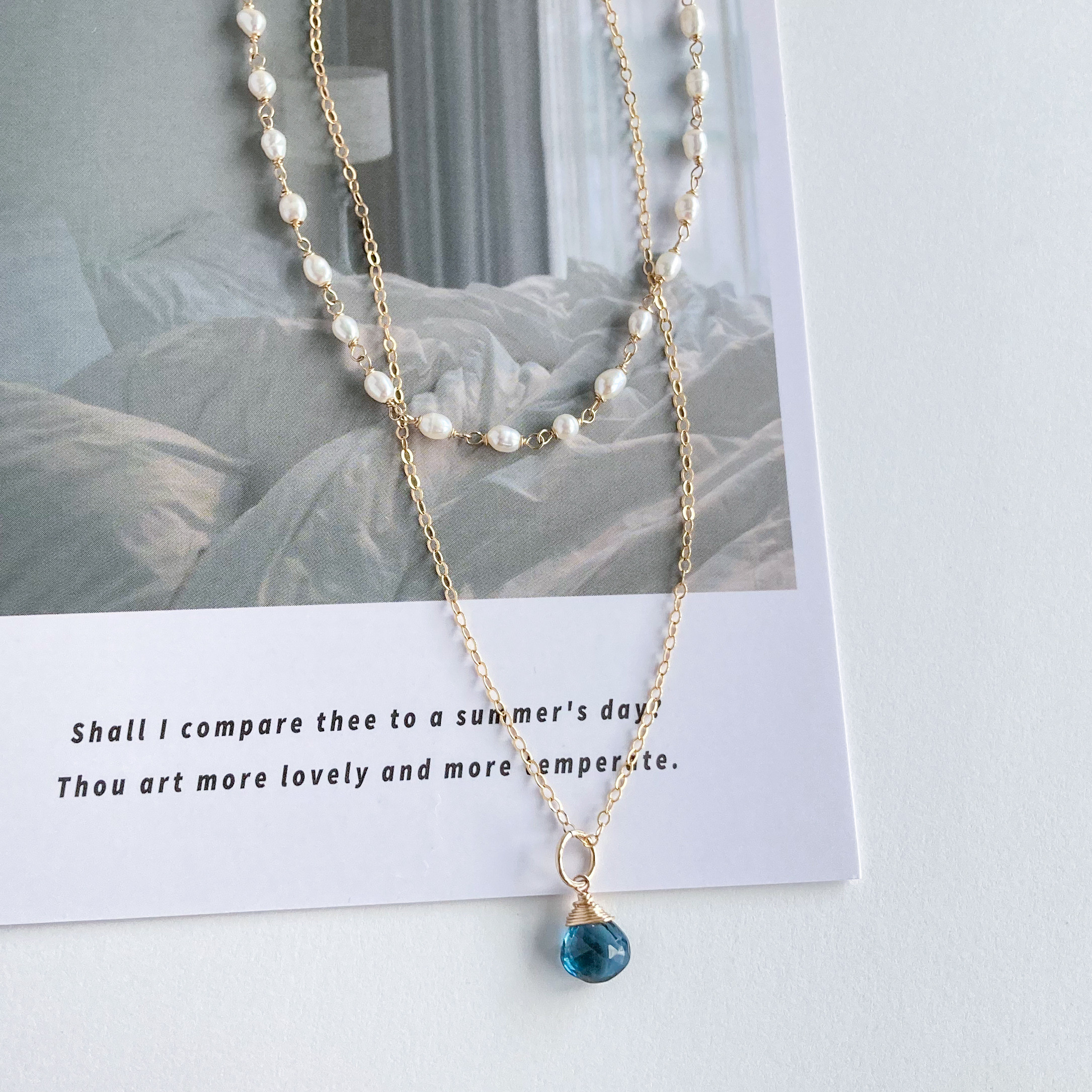 4wayロンドンブルートパーズ＆淡水パールの2連ネックレス　14kgf