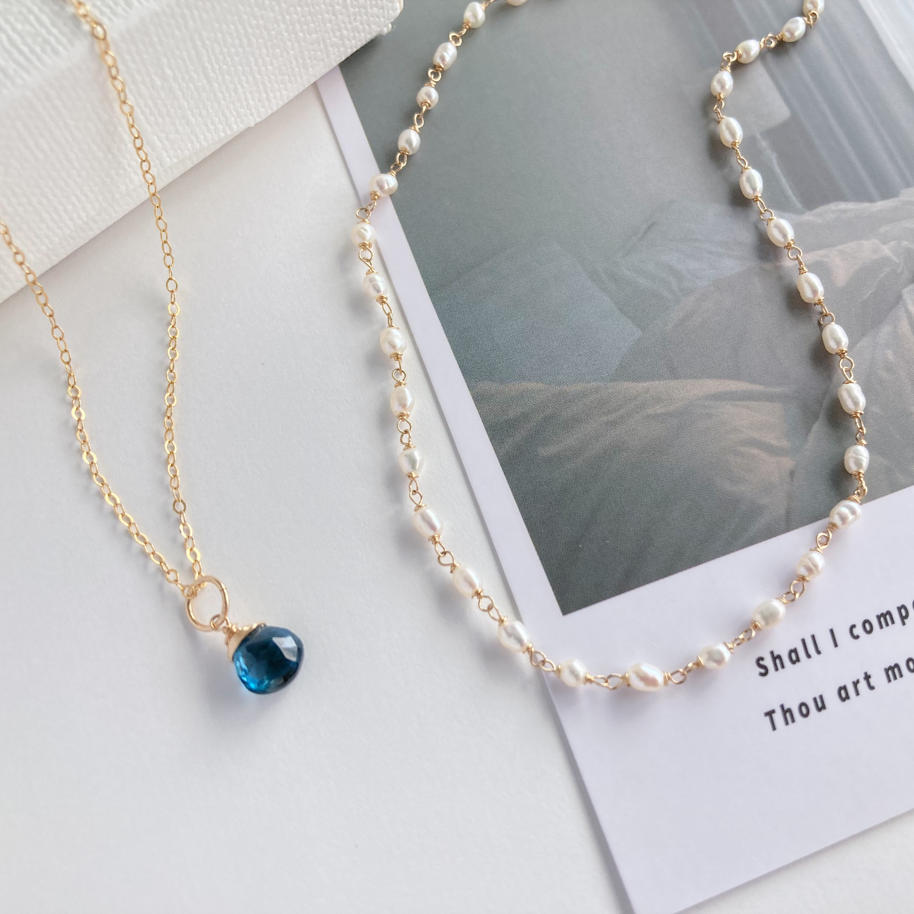 4wayロンドンブルートパーズ＆淡水パールの2連ネックレス　14kgf