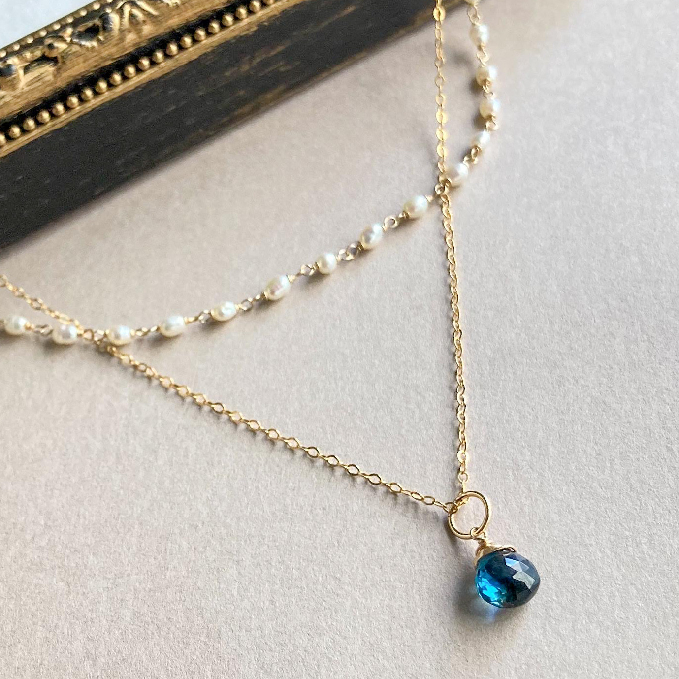 4wayロンドンブルートパーズ＆淡水パールの2連ネックレス　14kgf