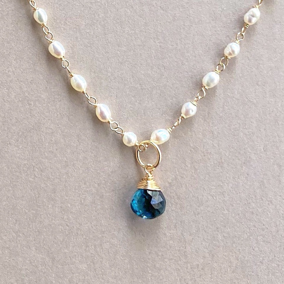 4wayロンドンブルートパーズ＆淡水パールの2連ネックレス　14kgf