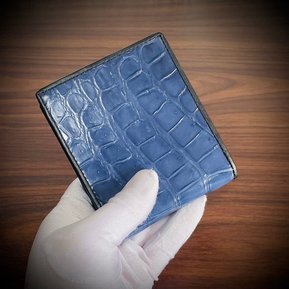 藍染め クロコダイル メンズ財布 シャイニング加工 折財布 二つ折り ワニ 本革 本物証明付 腹部 一枚革 