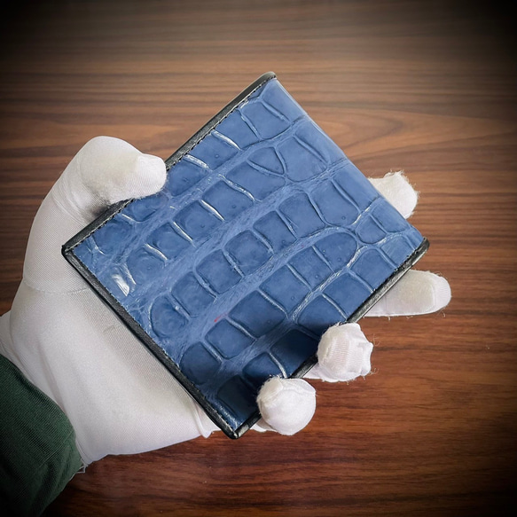 藍染め クロコダイル メンズ財布 シャイニング加工 折財布 二つ折り ワニ 本革 本物証明付 腹部 一枚革 
