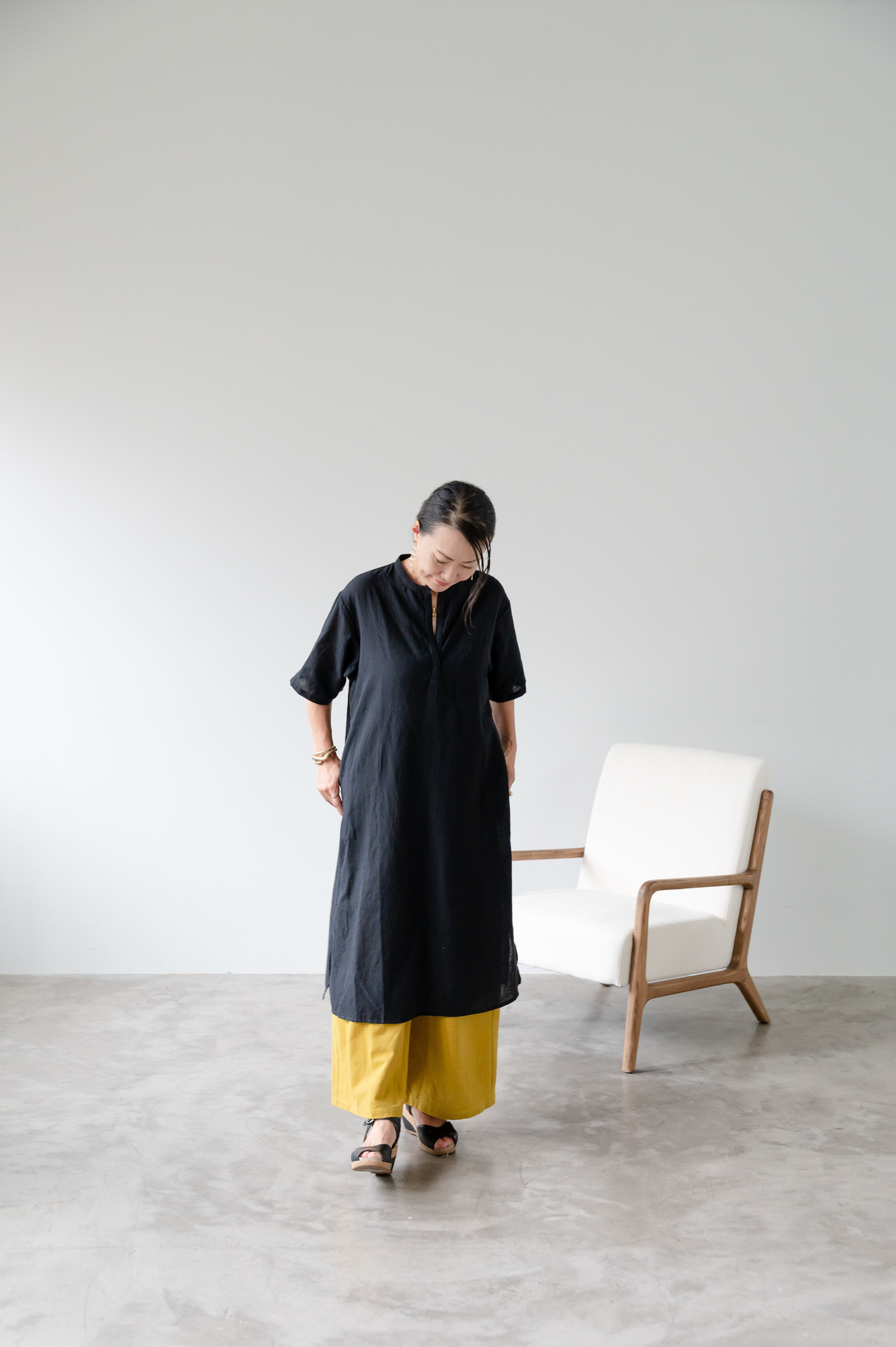 手紡ぎ手織りコットン　ワイドパンツ