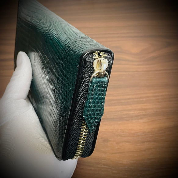 リザード 長財布 シャイニング加工 大容量 カード１５枚 トカゲ メンズ レディス 本革 グリーン 緑 センターカット 4枚目の画像