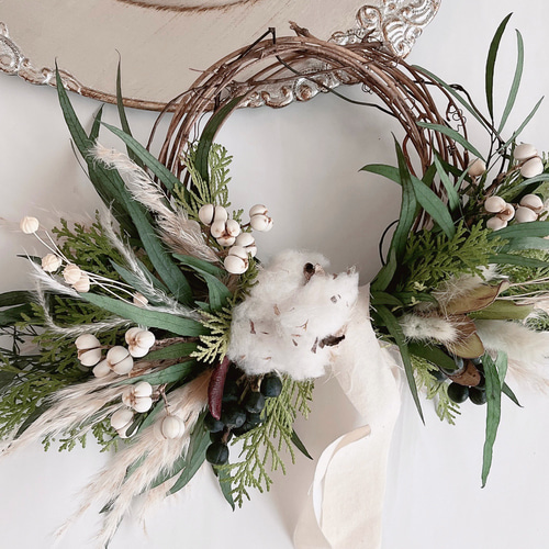 クリスマスリース ♢White×Green♢ ドライフラワー＆プリザーブド