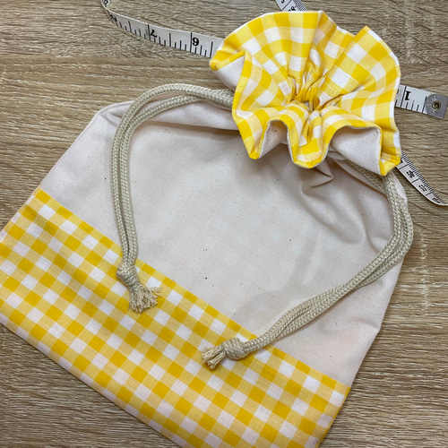 きいろギンガムチェックフリル巾着＊体操服入れ・おむつ入れ