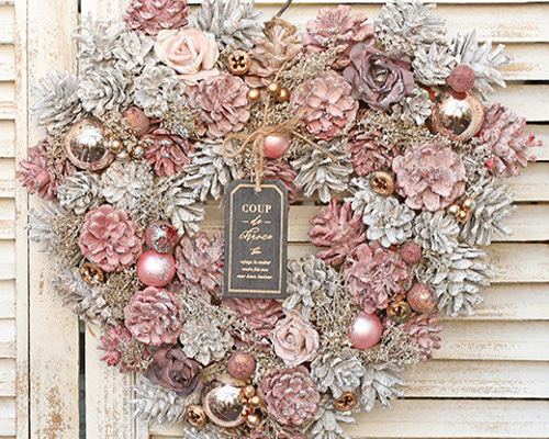 送料無料 インテリア雑貨 クリスマスリース ハート形 ピンク＆ホワイト