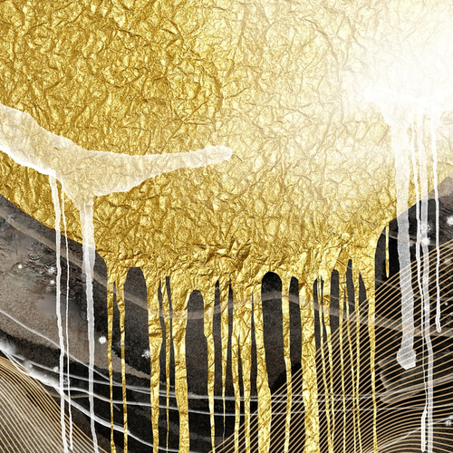 アートポスター 水墨画風の山並みとゴールドサンの抽象アート 高級感