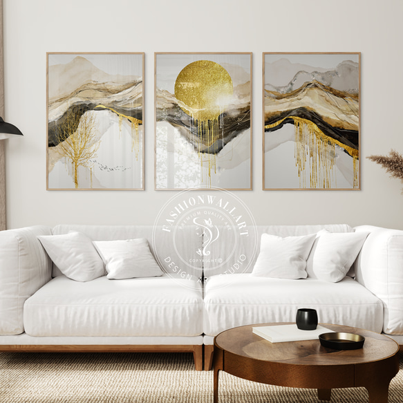 Boho 抽象画 ミニマリスト 山脈 太陽 Gold  / インテリアポスター 海外アート ３枚セット / 4531 1枚目の画像