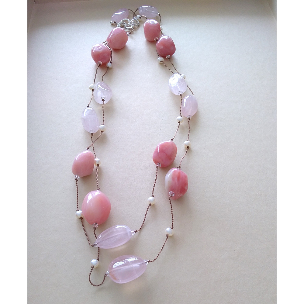 【ピンクオパール＆ローズクォーツ＆淡水パール】のロングネックレス
