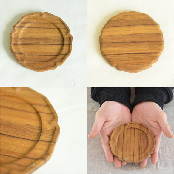 チーク 無垢 小皿 コースター 木製トレイ パン皿 “rinka” SSサイズ φ10cm J-0073 3枚目の画像
