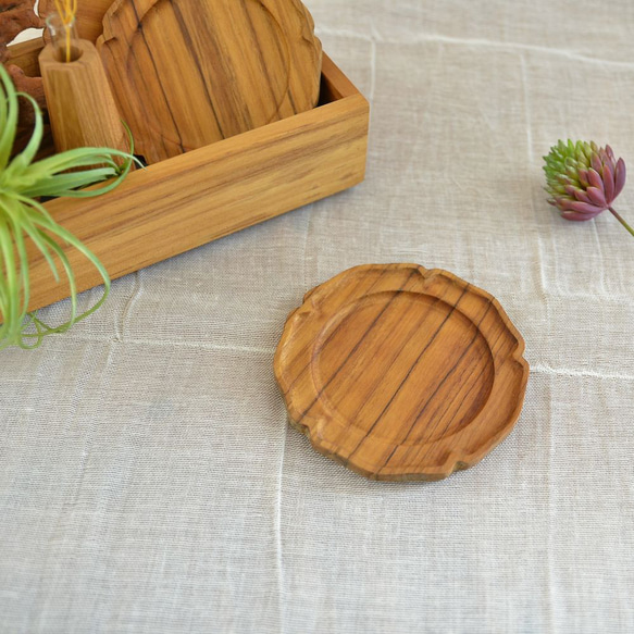 チーク 無垢 小皿 コースター 木製トレイ パン皿 “rinka” SSサイズ φ10cm J-0073 2枚目の画像