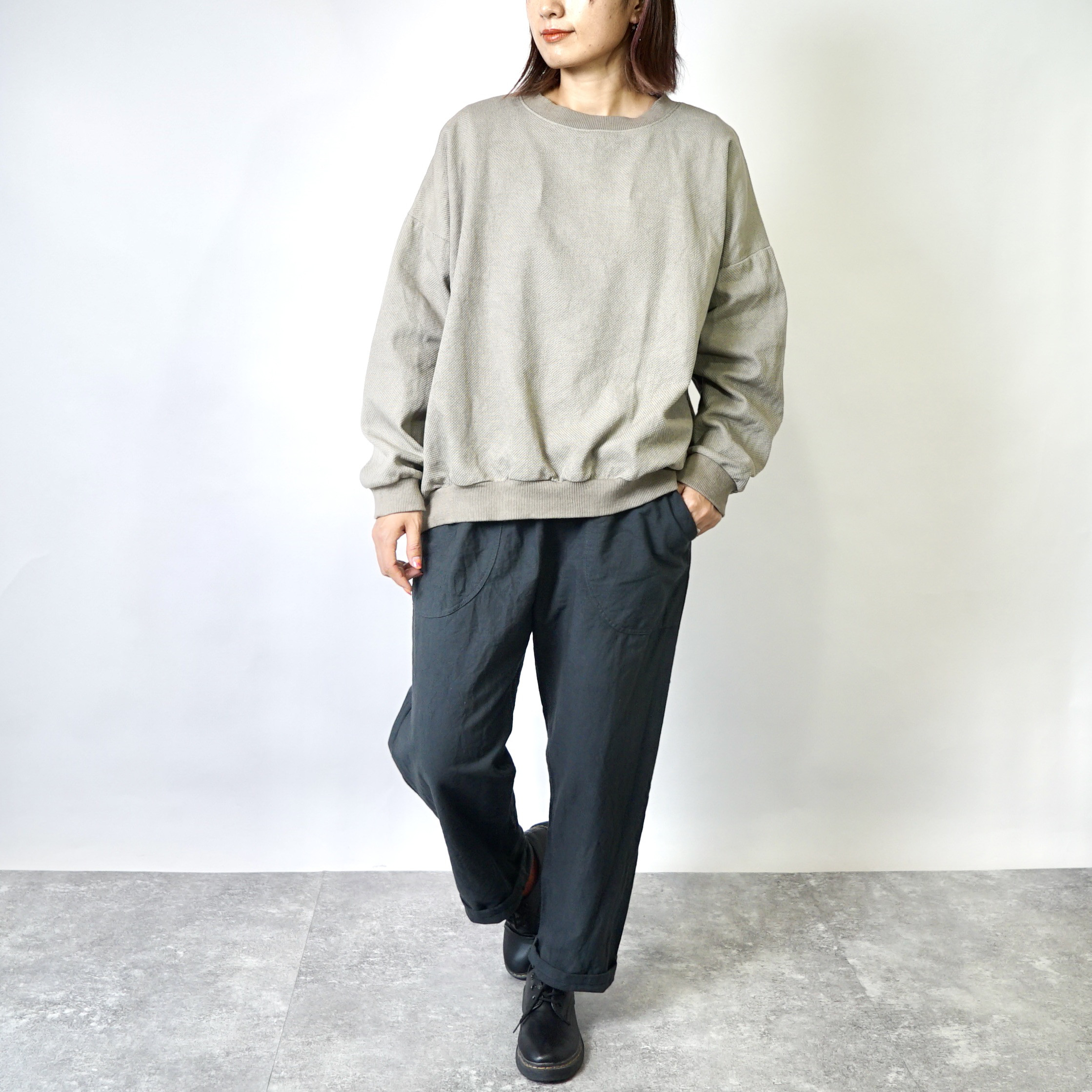 【福袋】刺し子織ラウンドトレーナー/カーキ＋スッキリサルエルパンツ/ブラック