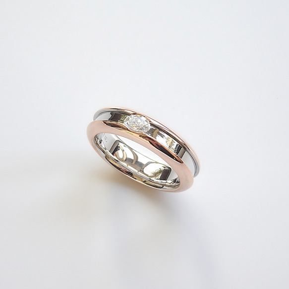 天然橢圓鑽石 18K 白金 玫瑰金 雙色內凹設計款戒指 | 手工男戒 第5張的照片