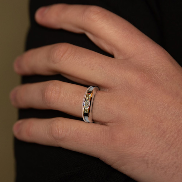 天然橢圓鑽石 18K 白金 玫瑰金 雙色內凹設計款戒指 | 手工男戒 第3張的照片