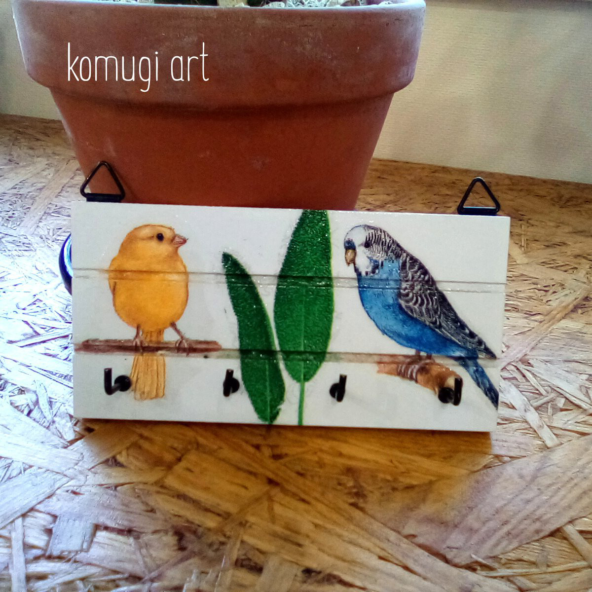 かわいいインコ達 ちっちゃい木製フック付きプレート