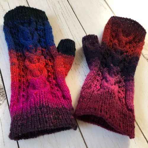 夕焼けみたい左右別色ハンドウォーマー プレゼントにも！野呂英作毛糸