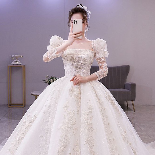 高品質！ハンドメイド オフショルパフスリーブビスチェドレス ロング  