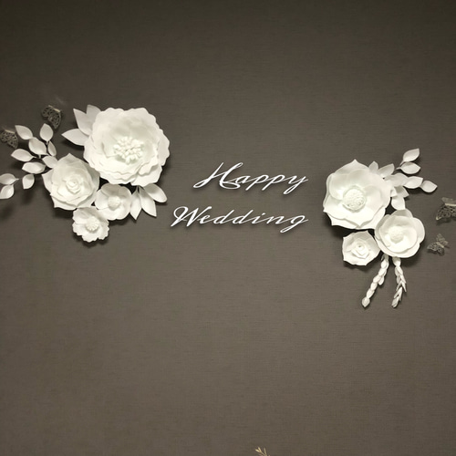 2枚❤️お花レース❤️横長❤️ひのき❤️ウォールデコ❤️ウェルカムボードなどに F(葉)2 豪華ウォールフラワーセット(葉っぱ付き) グレー