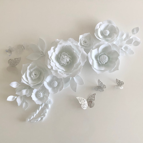 お洒落なモノトーンのウォールフラワー7つセット(葉っぱ付き) フェルト