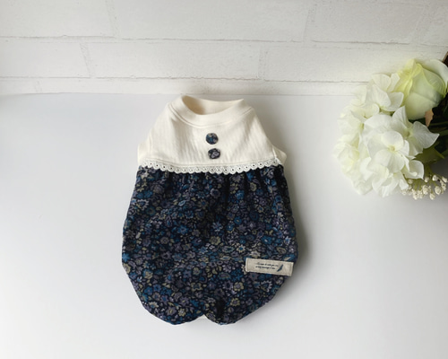 犬服【SS】バルーンワンピース(紺色コーデュロイ小花柄) ペット