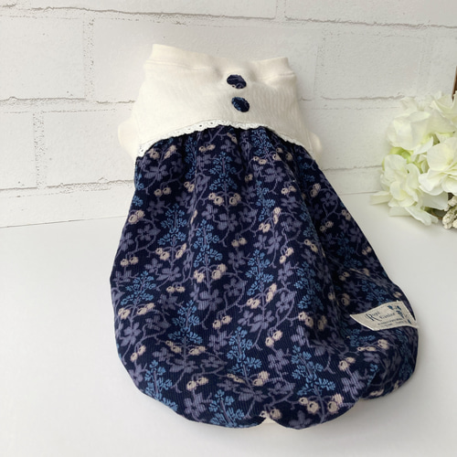 ♡小型犬服♡ハンドメイド♡紫陽花コサージュワンピース♡ブルー ワンピース ブルー ホワイト ストライプ 極小犬 パピー 小型 犬
