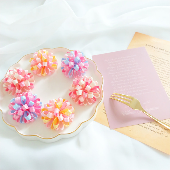 ベージュピンク×オフホワイトカラー☆ ぼんぼんりぼんヘアゴム１個300円♪ 新色追加♡》 たんぽぽりぼん キッズ 子供 ヘアゴム ヘアアクセサリー