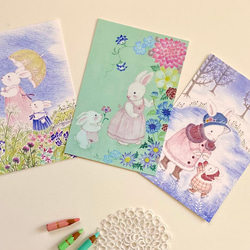 うさぎさん ポストカードセット」 仲良しうさぎの親子とお花の色鉛筆