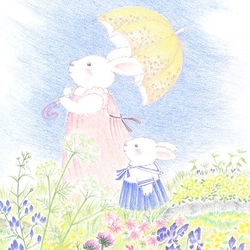 うさぎさん ポストカードセット」 仲良しうさぎの親子とお花の